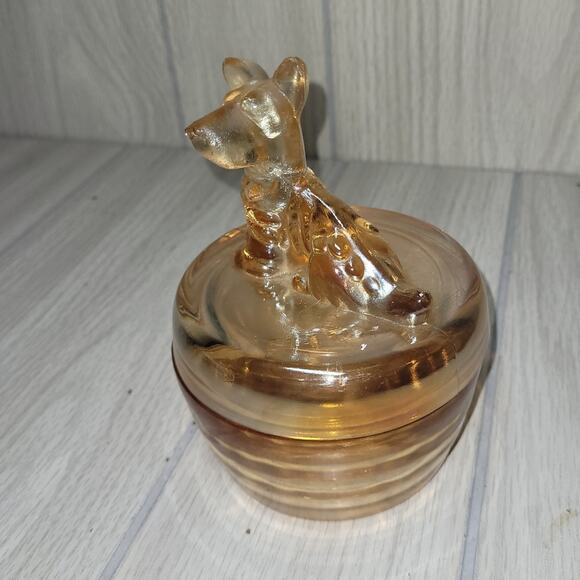 Vintage Scottie Dog Carnival Glass Powder Jar Candy Dish Jewelry Holder Flaw - Picture 2 of 11